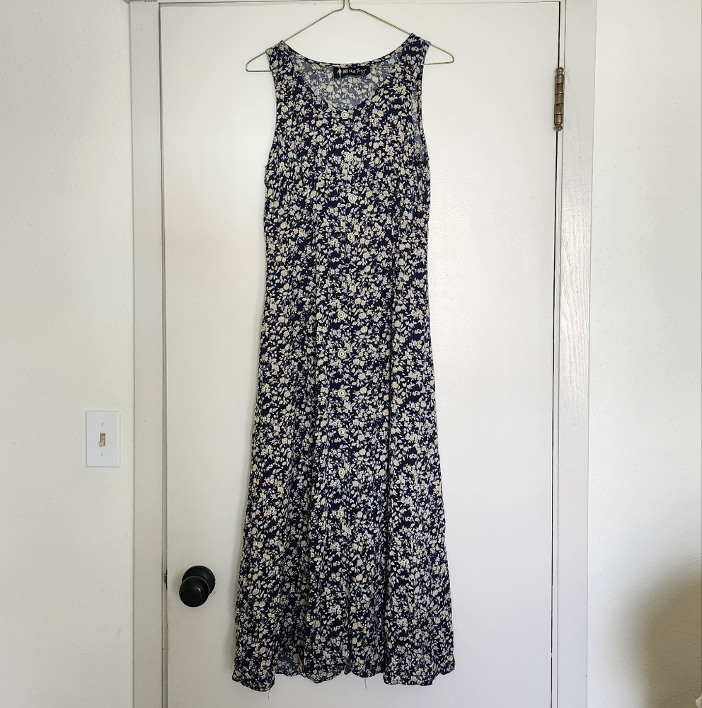 Vintage Floral RayonSleeveless Maxi Dress - Navy and Cream
